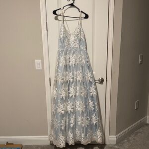 Sky Blue Lace Appliqué Spaghetti Strap Prom Gown